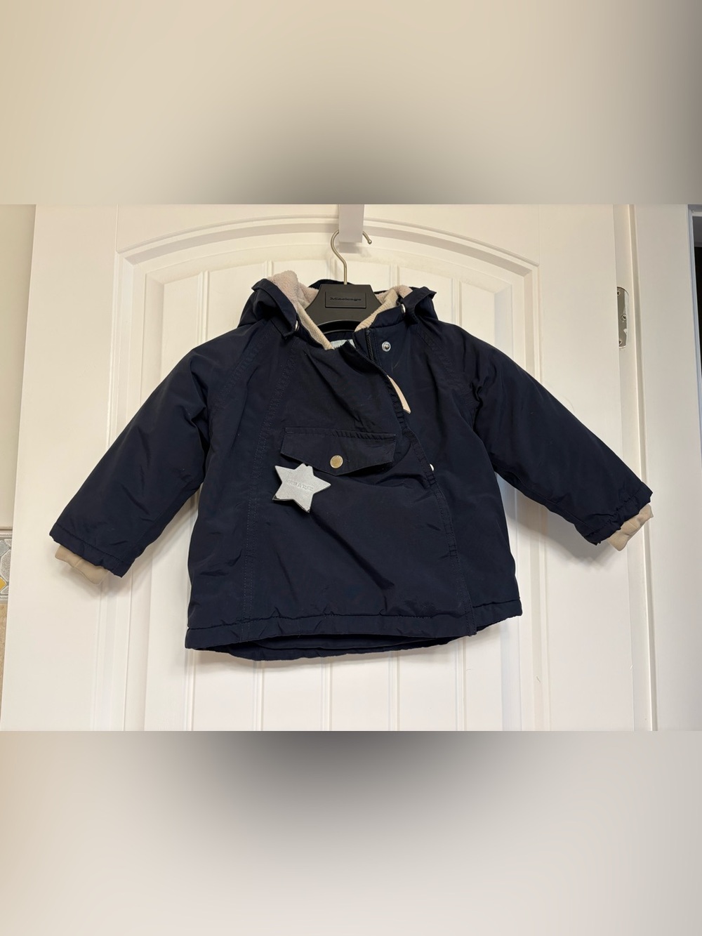 Mini A Ture Navy Fleece Lined Hooded Puffer Jacket - size 12 Months